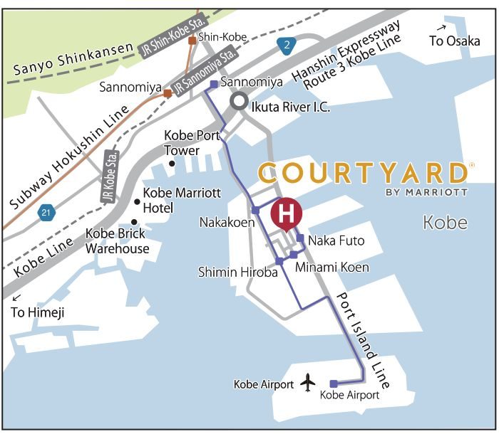 Area map showing Courtyard by Marriott Kobe on Port Island near Naka Futo Station, with the Port Liner to Sannomiya and Kobe Airport